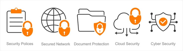 A set of 5 security icons as security policies secured network document protection
