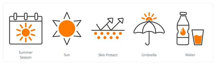 A set of 5 Sun Protection icons as summer season sun skin protect