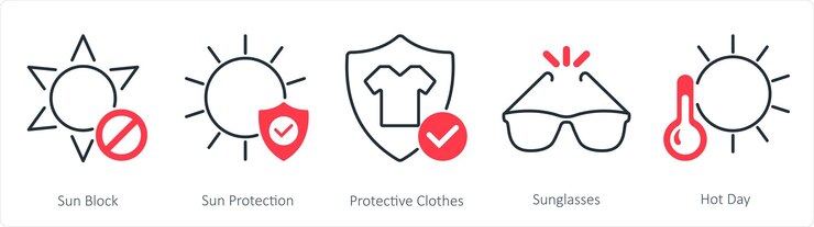 A set of 5 Sun Protection icons as sun block sun protection protective clothes