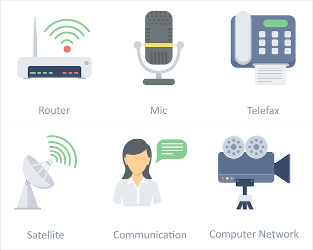 a set of 6 communication icons as satellite communication video camera