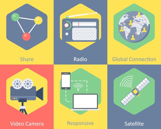 a set of 6 communication icons as share radio global connection video camera