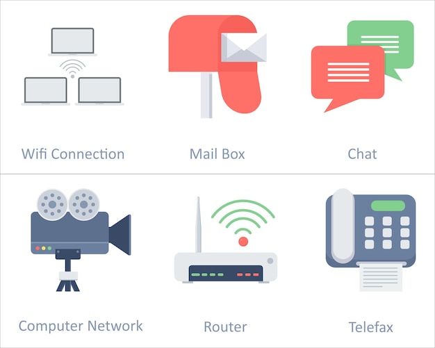 a set of 6 communication icons as video camera router telefax