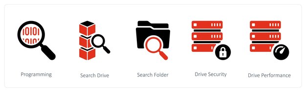 A set of 6 mix icons such as programming search drive drive security