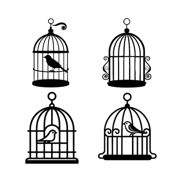 a set of birds in a cage with a bird inside