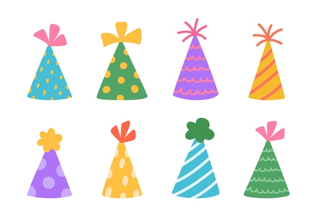 A set of birthday party hats isolated on a white background Vector handdrawn illustration in flat style Perfect for decorations holiday designs cards logo