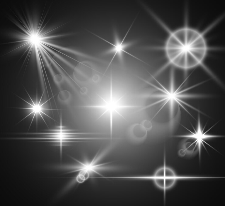 A set of bright beautiful stars. Light effect. Bright Star. Beautiful light for illustration. White sparkles shine special light effect.