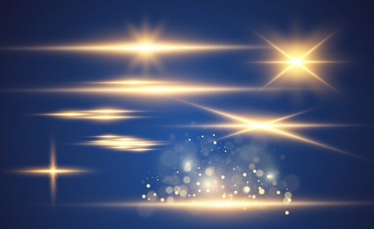A set of bright beautiful stars. Light effect. Bright Star. Beautiful light for illustration.