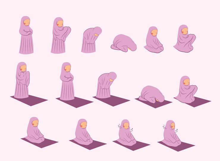 Vector a set of cartoon for cute little girl showing how to pray with faceless style