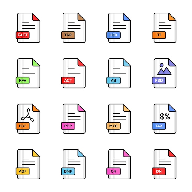 A set of colorful flat line icons representing various file formats