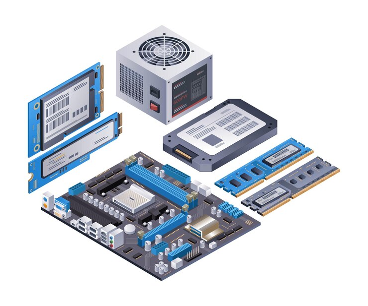 Vector a set of computer parts infographics flat isometric 3d illustrations
