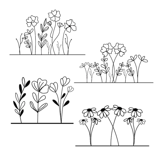 A set of flowers in black and white