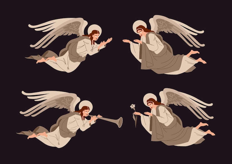 Vector a set of flying angels with a trumpet and a lily flower heavenly messengers