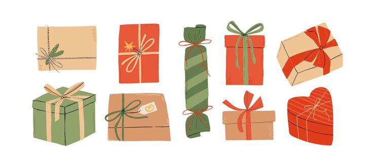 A set of gift is drawn in a flat style christmas holidays gifts hand drawn vector illustration