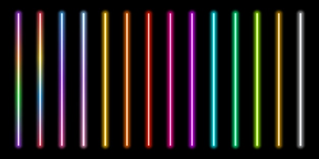 A set of luminous neon lines of rainbow colors Luminous neon retro lamp tube for the design of the party web site Vector Gumming laser rays on a black background