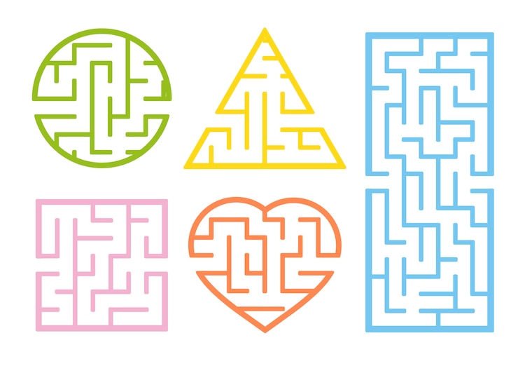 Vector a set of mazes. cartoon style. visual worksheets. activity page.