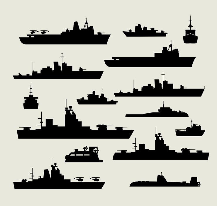 Vector a set of silhouettes of warships for design and creativity