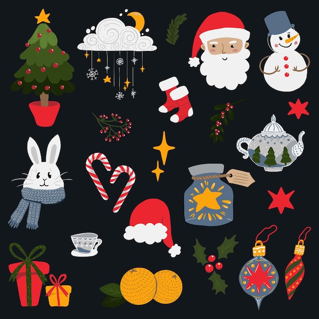 A set of stickers on the theme of Christmas. Vector illustration