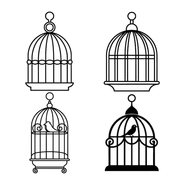 a set of three birds with a cage on the top