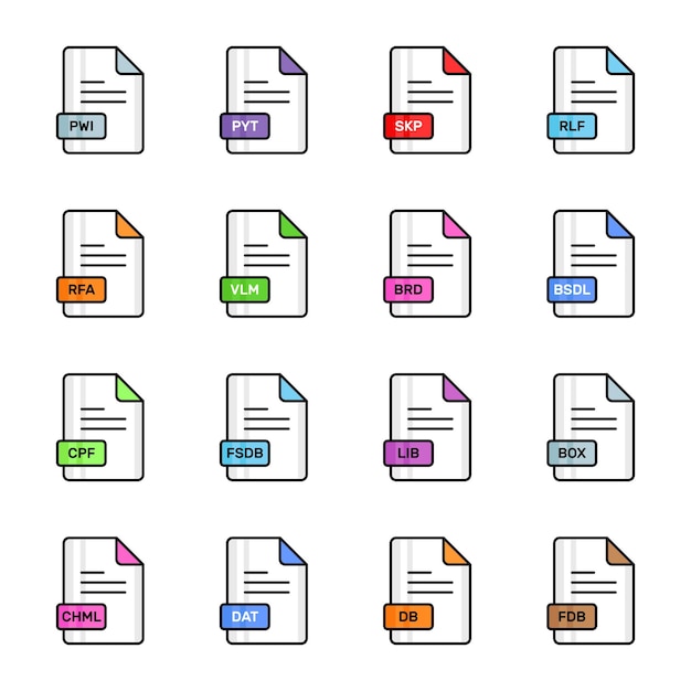 A set of twelve colorful flat icons depicting different file formats