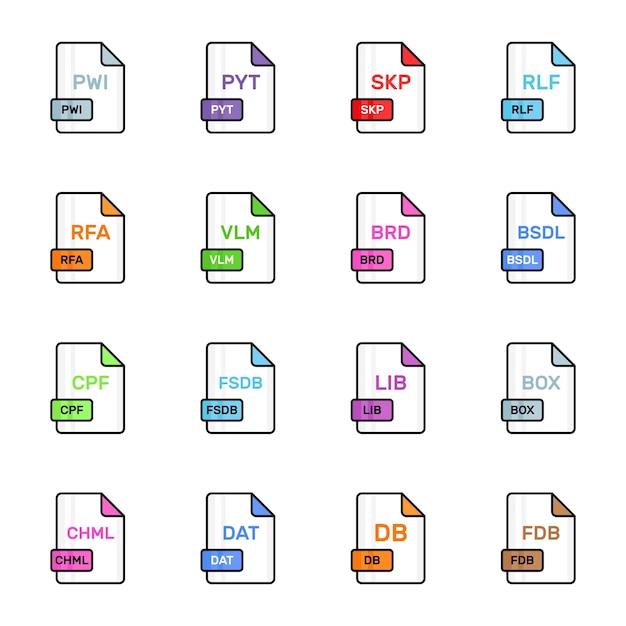 a set of twelve colorful flat icons depicting different file formats
