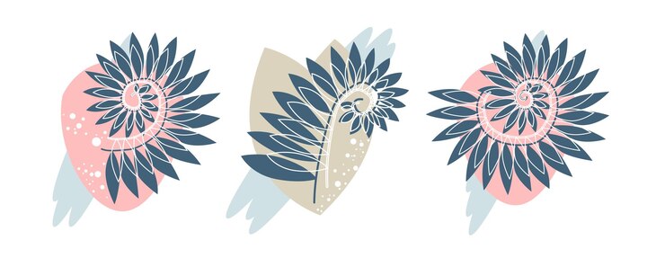 Vector a set of twisted dark blue branches with leaves on colored spots