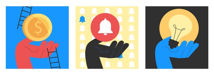 A set of vector hand illustrations Idea income and savings notifications colorblock