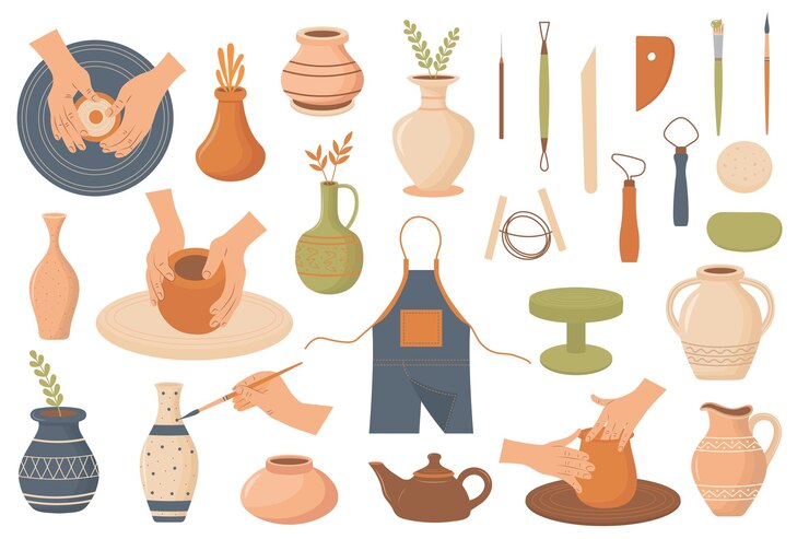 A set of vector illustrations featuring pottery clay pots vases tools and hands shaping ceramics