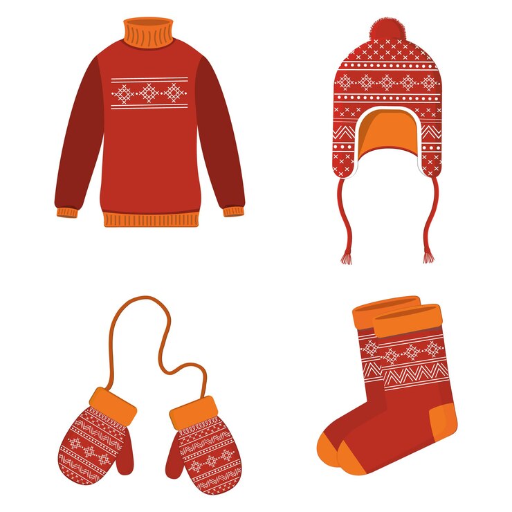 Vector a set of warm winter clothes with a red pattern