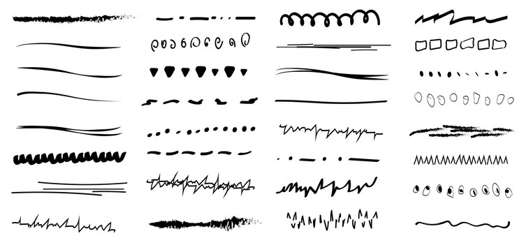 A set of wavy horizontal artistic brushes.Doodles, ink brushes.