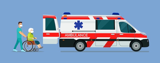 A sick elderly woman in a mask is placed in an ambulance