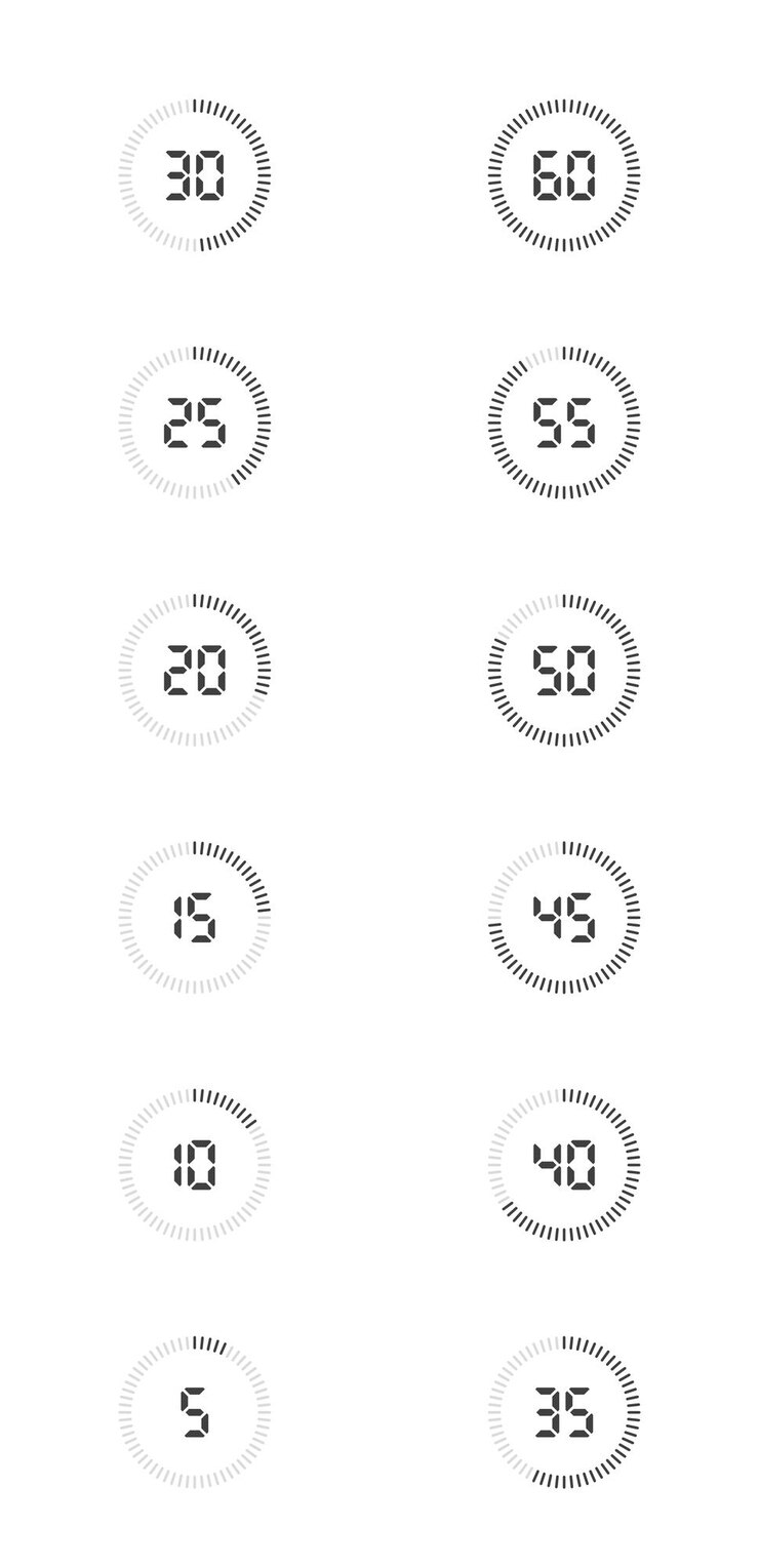 Vector a simple digital stopwatch icon from one hour to 5 minutes