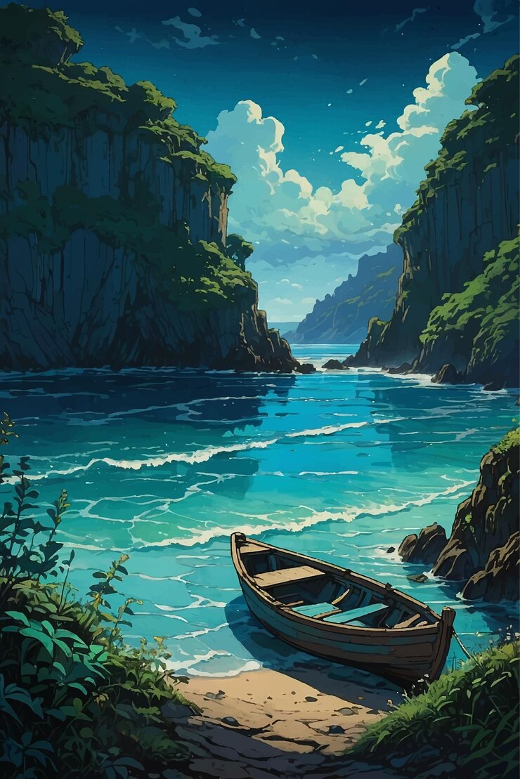 A small boat on a seashore with tropical mountain view