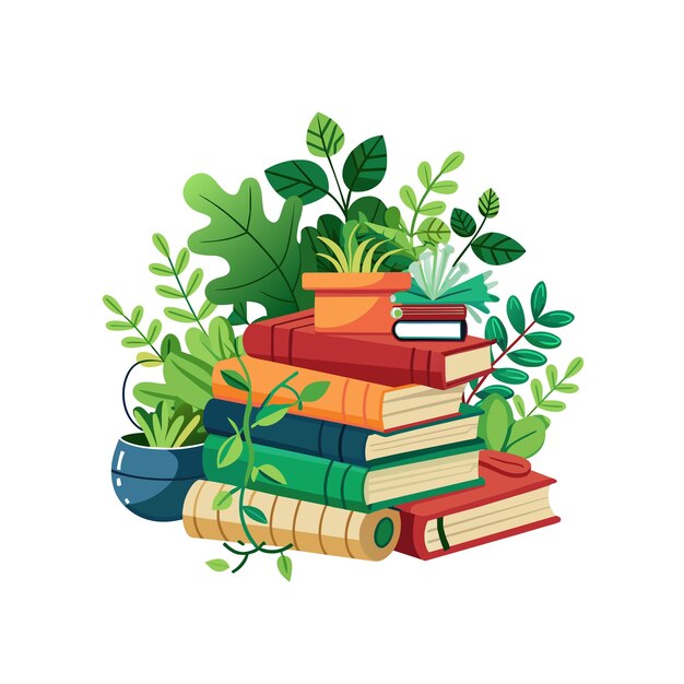 a stack of books with a green plant on the top