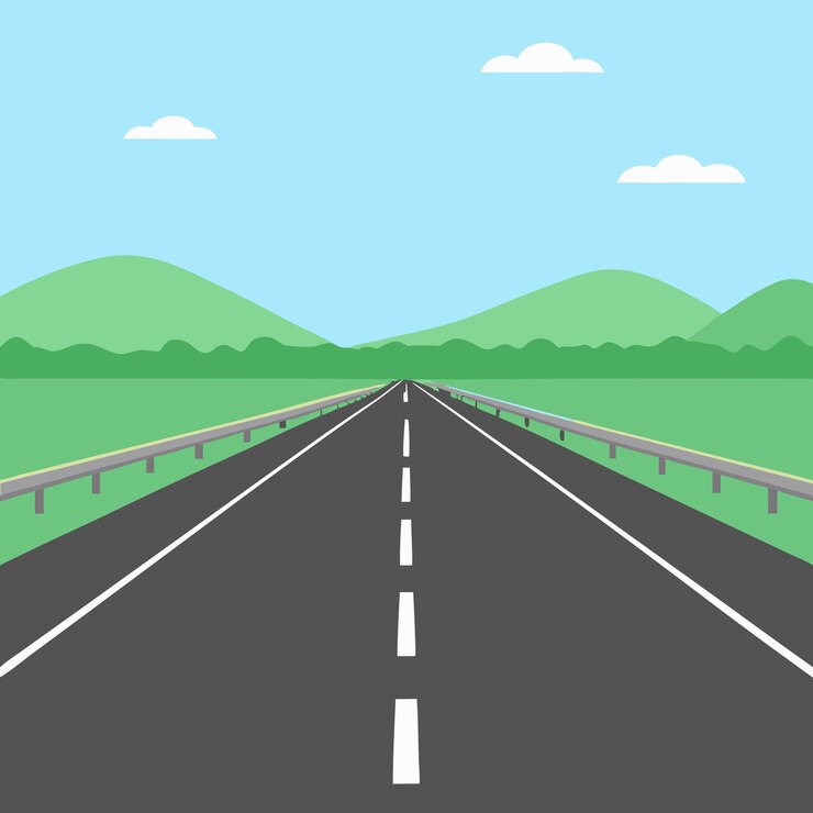 Vector a straight road through a beautiful landscape with mountains and clouds