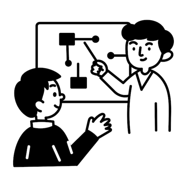 A teacher giving a lecture on board hand drawn icon