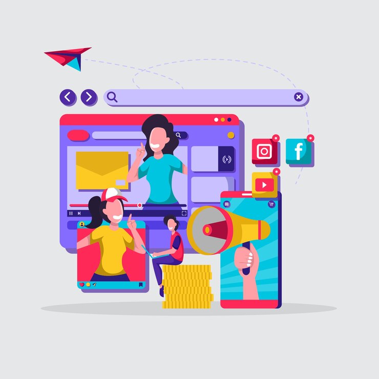 Vector a tiny illustration of online shopping influencer in flat style