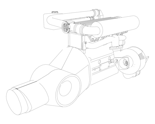 A turbocharged fourcylinder highperformance engine for a sports car Vector black and white illustration with a stroke of contours of details