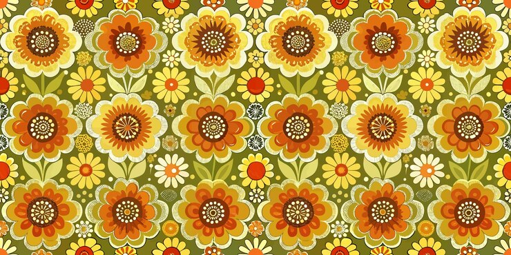 A vibrant floral pattern adorned with colorful flowers in warm hues of orange yellow and green