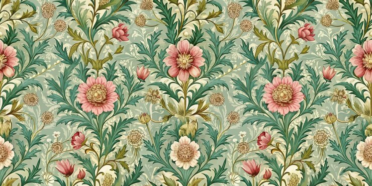 A vibrant floral pattern featuring pink blooms and lush greenery on a soft blue background