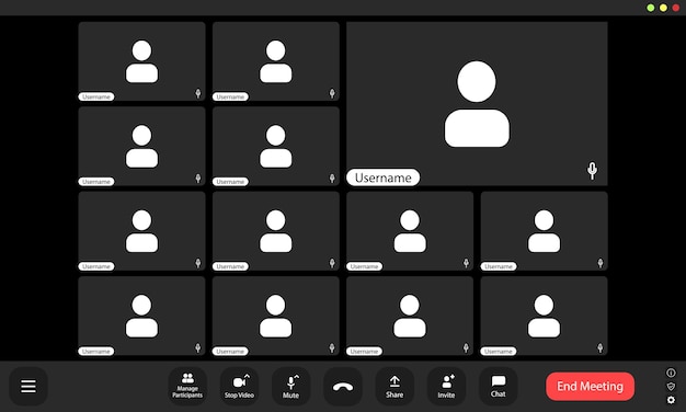 A virtual meeting setup with multiple participants showcasing blank user icons against a dark background