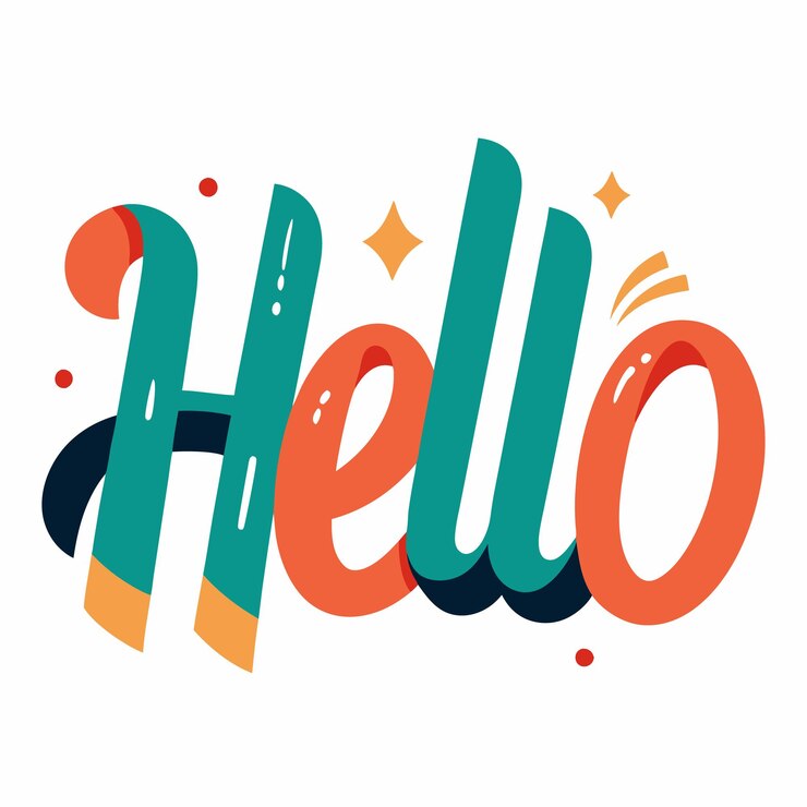 a white background with a colorful orange and green sign that says hello