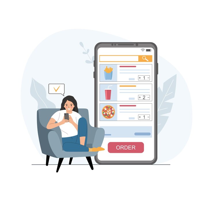 Vector a white woman in a home chair orders food through an application on a smartphone vector illustration