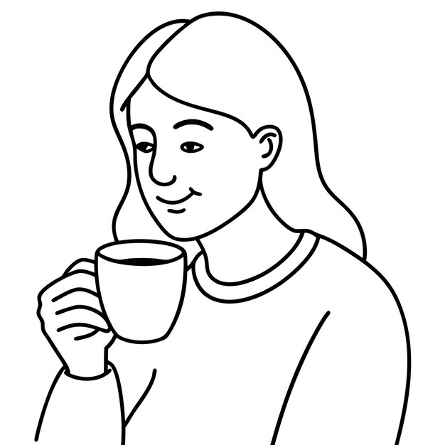 a woman holding a cup of coffee with a white background