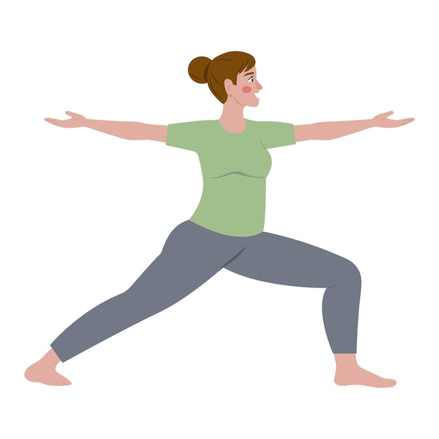 A woman is actively practicing the Warrior Yoga Pose in a beautifully illustrated scene