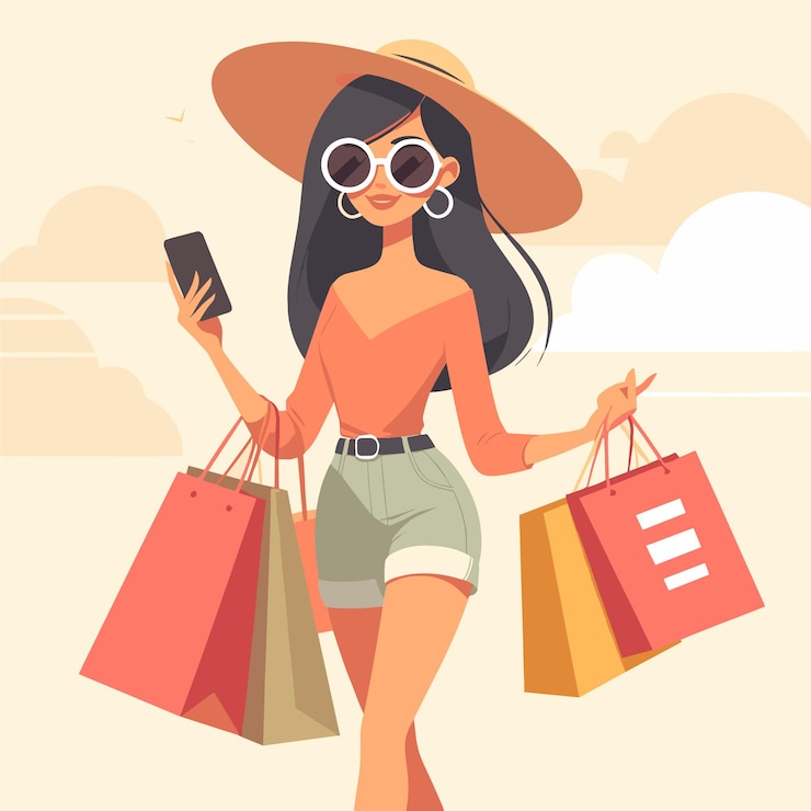Vector a woman is holding shopping bags and a cell phone