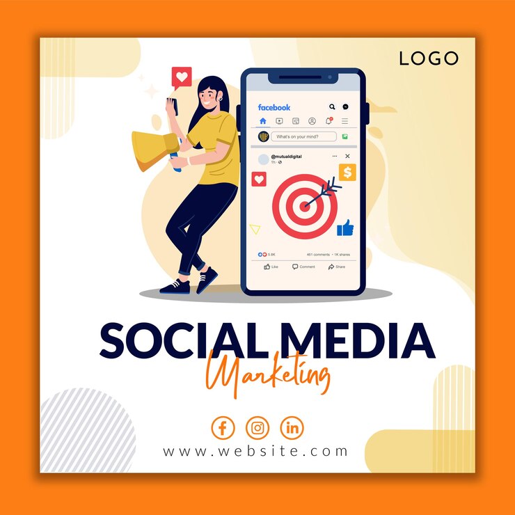 Vector a woman is standing in front of a phone that says social media