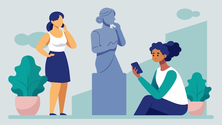 Vector a woman leans against a wall phone in hand as she facetimes with a loved one showing them the