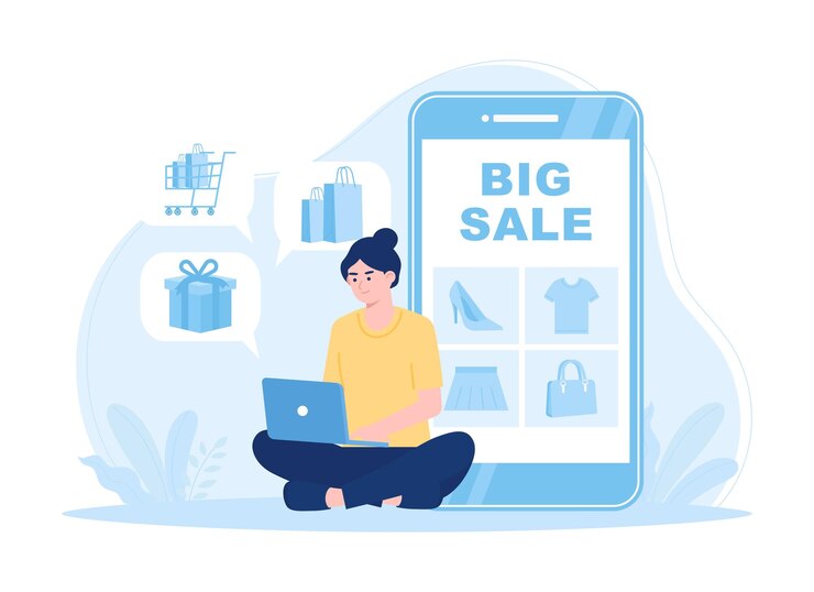 A woman shops online using a laptop trending concept flat illustration