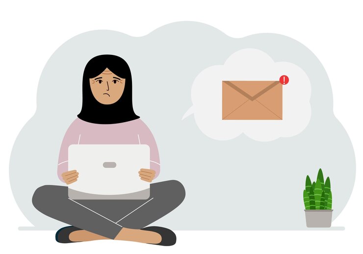 Vector a woman sits crosslegged working with a laptop and opens an email the concept of education work correspondence