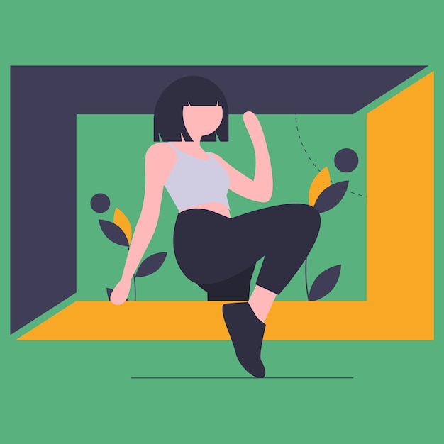A woman sits in a window with a green background.